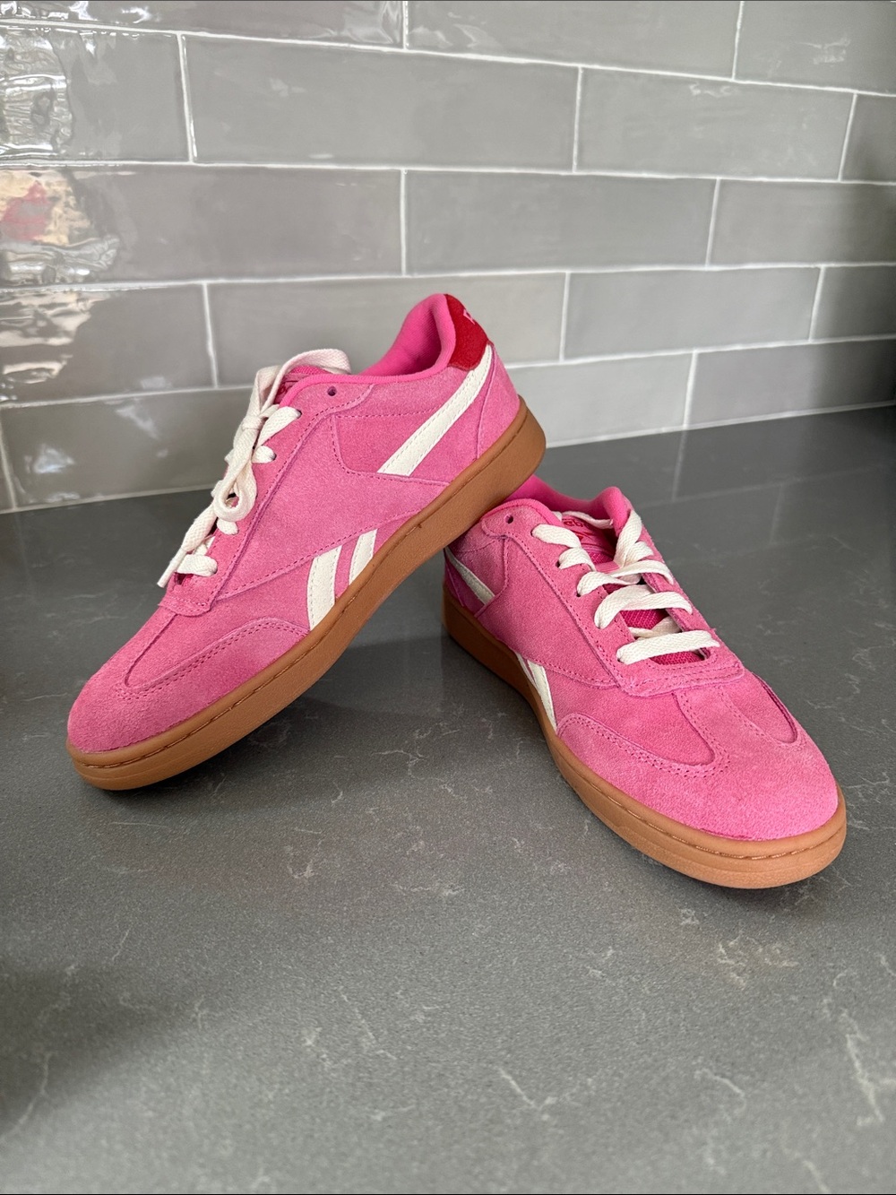 Reebok Pink Suede Low-Top Sneakers with White Laces